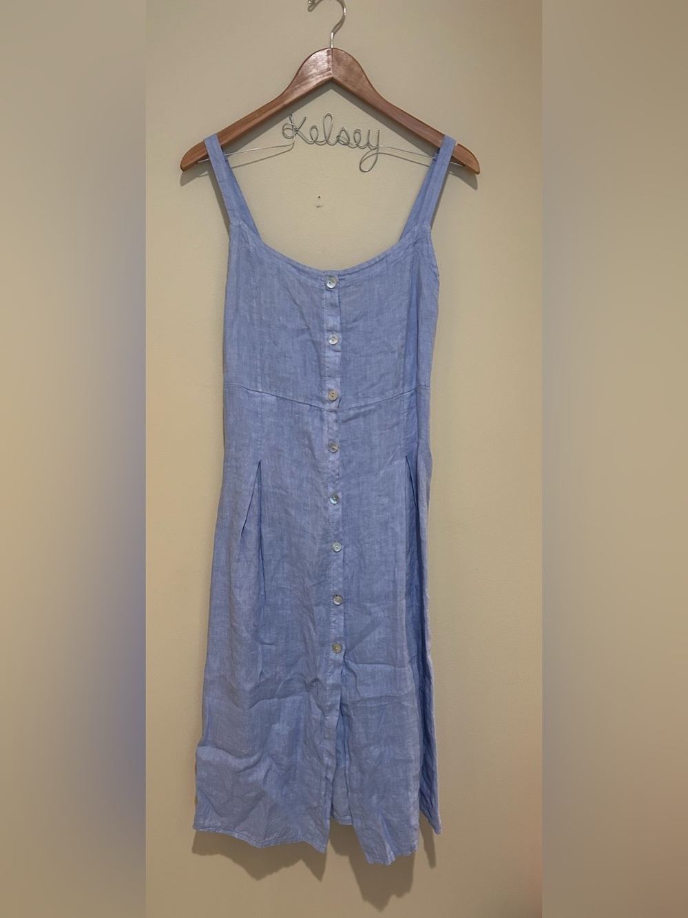 Angela Mara NWOT Light Blue 100% Linen Made in Italy Midi Dress Front Buttons XL